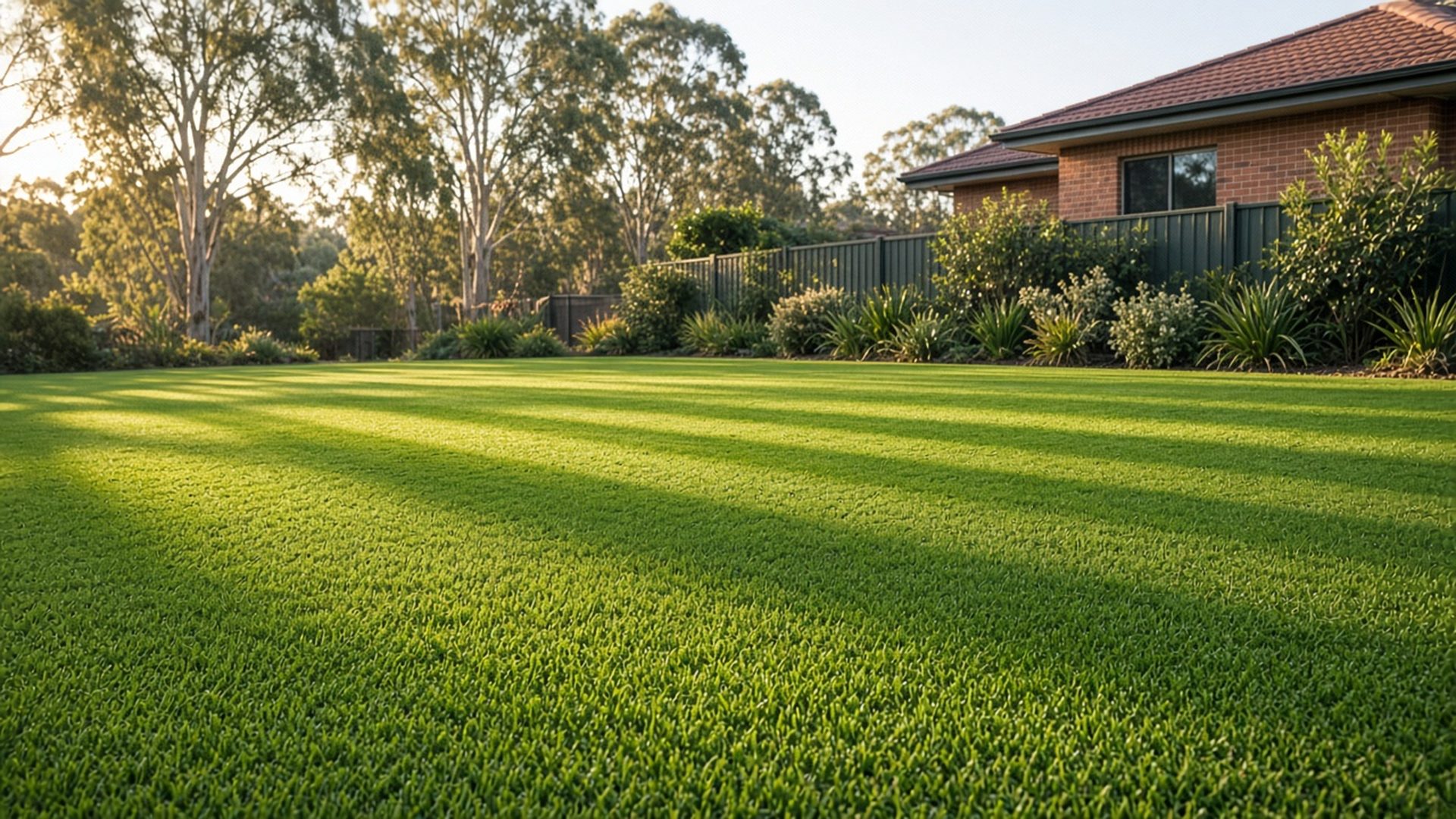 A striped front lawn in morning light